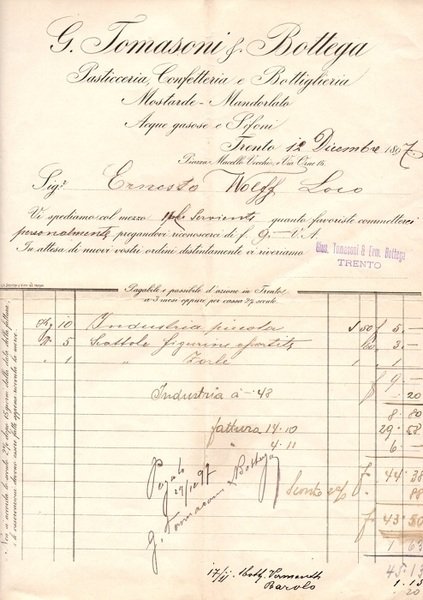 Pasticceria, Confetteria e bottiglieria G. Tomasoni & Bettega: Trento.