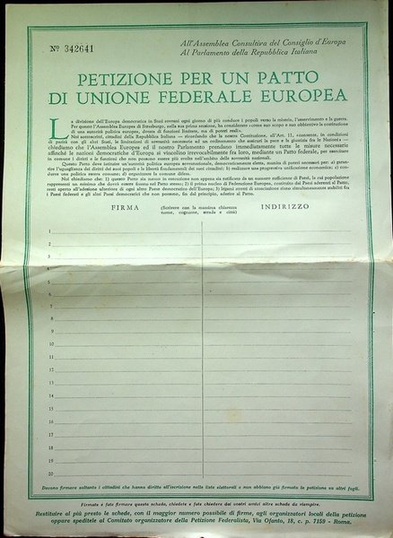 Petizione per un patto di unione federale europea.