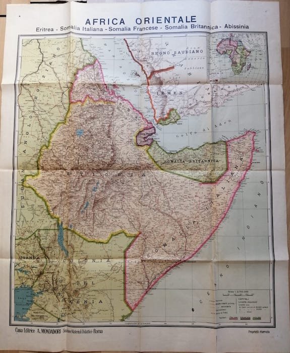 Africa orientale: Eritrea, Somalia Italiana, Somanblia Francese, Somalia Britannica, Abissinia): carta geografica.