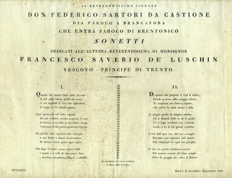 Al reverendissimo Signore Don Federico Sartori da Castione giÃ parroco …