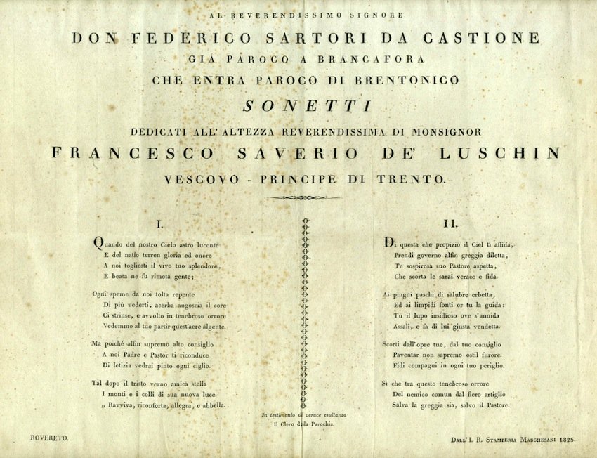 Al reverendissimo Signore Don Federico Sartori da Castione giÃ parroco …