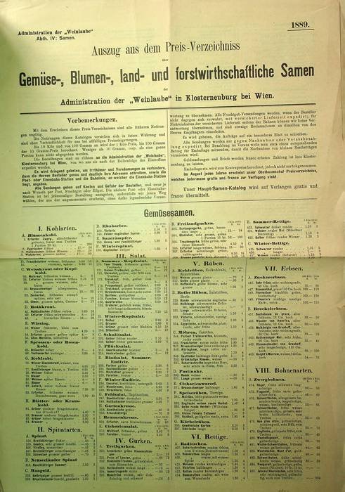 Auszug aus dem Haupt-Preis-Verzeichniss Gemüse-, Blumen-, land- und forstwirtschaftliche Samen: …