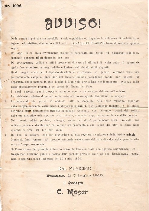 Avviso dal municipio dal PodestÃ C. Moser: Pergine.