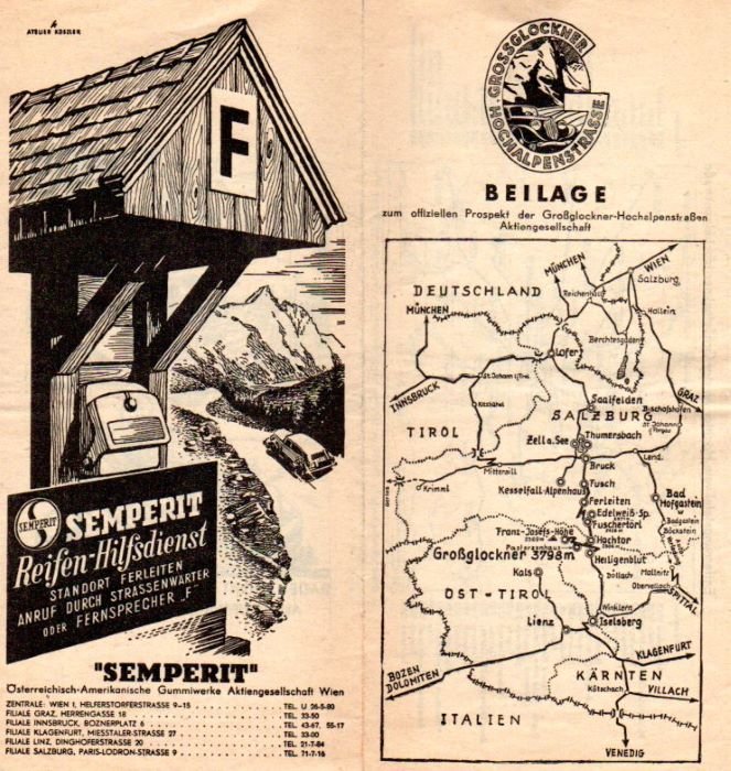 Beilage zum offiziellen Prospekt der Grossglockner-Hochalpenstrassen Aktiengesellschaft. [Semperit Reifen-Hilfsdienst].