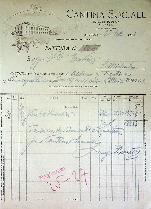 Cantina sociale - Aldeno: fattura.