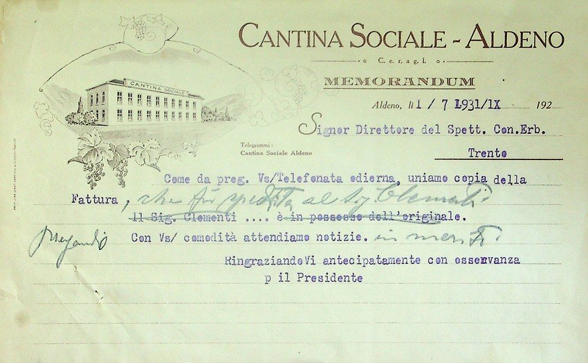 Cantina sociale - Aldeno: Memorandum.