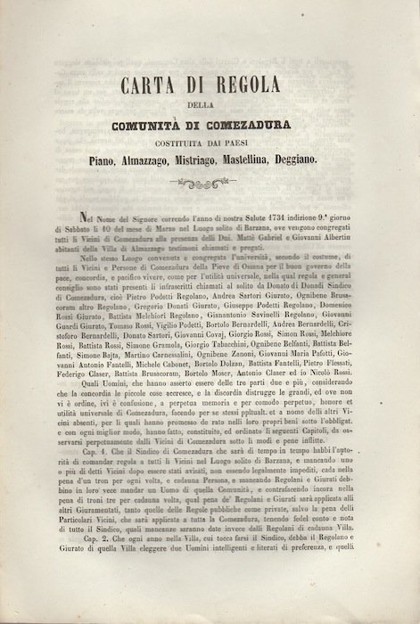 Carta di regola della Comunità di Comezadura costituita dai paesi …