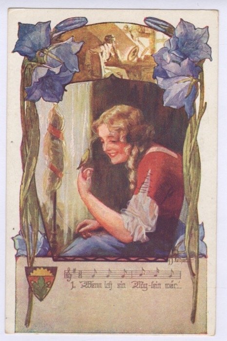 Cartolina illustrata a soggetto femminile.