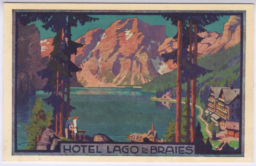 Cartolina illustrata: Hotel Lago di Braies.