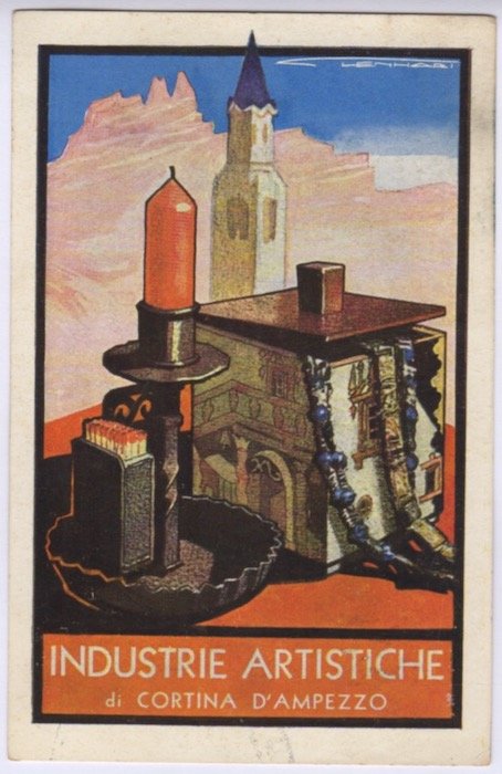 Cartolina illustrata: industrie artistiche di Cortina d'Ampezzo.