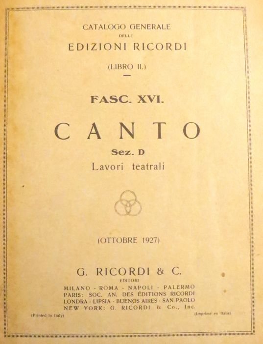 Catalogo generale Edizioni Ricordi: Libro II: Fasc XVI: Canto: Sez. …