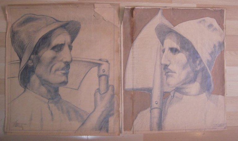 Coppia di disegni di contadini trentini-altoatesini.