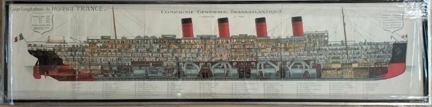 Coupe Longitudinale du PAQUEBOT "FRANCE" COMPAGNIE GENERALE TRANSATLANTIQUE.