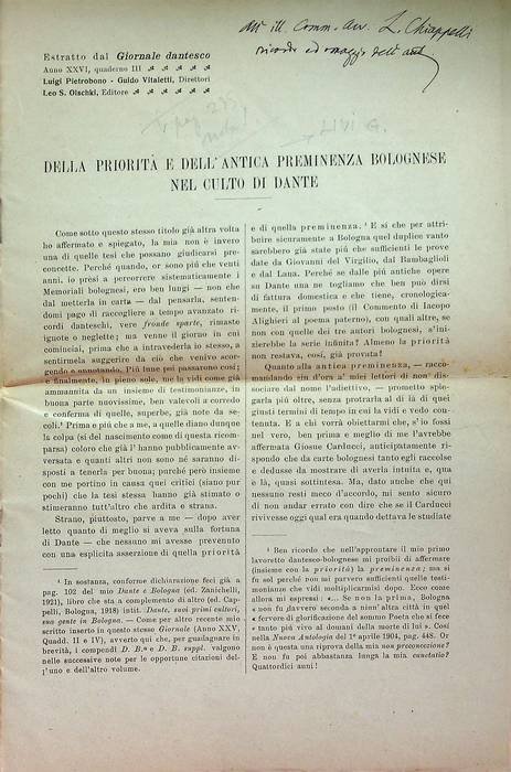 Della priorità e dell'antica preminenza bolognese nel culto di Dante.