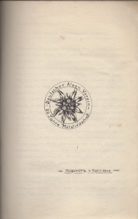 Deutscher Alpen Verein: 50 Jahre Mitgliedschaft: Augsburg, 4 April 1940.