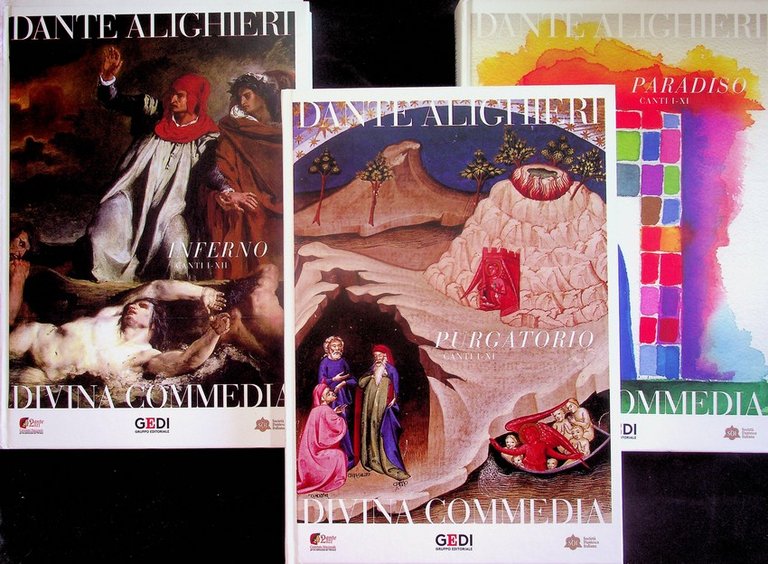 Divina Commedia: 1: Inferno canti 1-12; 2: Inferno canti 13-23; 3: Inferno canti 24-34; 4: Purgatorio canti 1-11; 5: Purgatorio canti 12-22; 6: Purgatorio canti 23-33; 7: Paradiso canti 1-11; 8: Paradiso canti 12-22; 9: Paradiso canti 23-33.