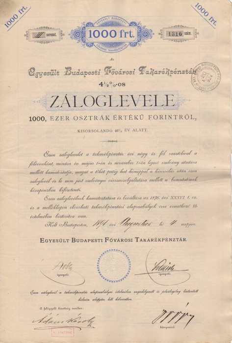 Egyesult Budapesti Fovarosi Fakarepenztar 4 1/2 % - os: Zaloglevele: …