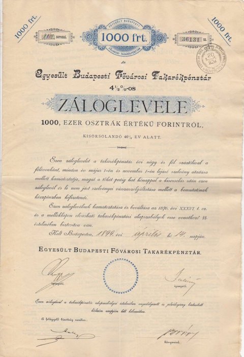 Egyesult Budapesti Fovarosi Fakarepenztar 4 1/2 % - os: Zaloglevele: …