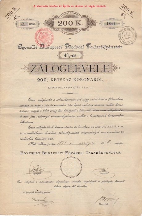 Egyesult Budapesti Fovarosi Fakarepenztar 4 1/2 % - os: Zaloglevele: …