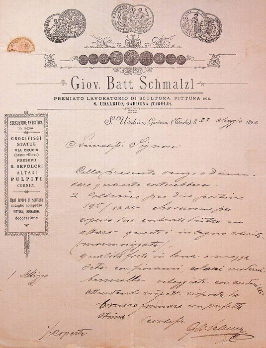 Giov. Batt. Schmalzl: premiato lavoratorio di scultura, pittura: S. Udalrico, Gardena (Tirolo): crocifissi, statue, via crucis, presepi, altari, pulpiti, cornici.