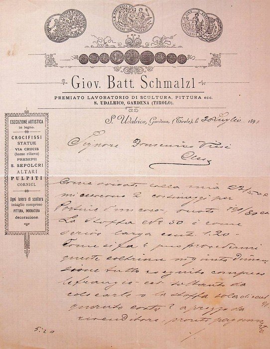 Giov. Batt. Schmalzl: premiato lavoratorio di scultura, pittura: S. Udalrico, Gardena (Tirolo): crocifissi, statue, via crucis, presepi, altari, pulpiti, cornici.
