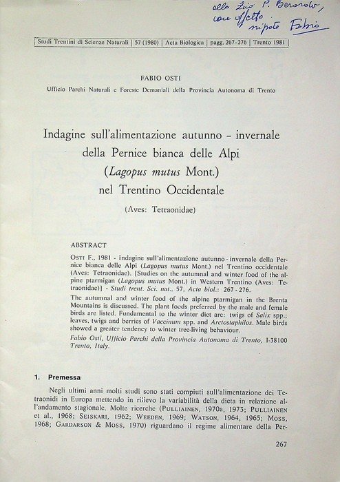 Indagine sull'alimentazione autunno-invernale della Pernice bianca delle Alpi (Lagopus mutus …