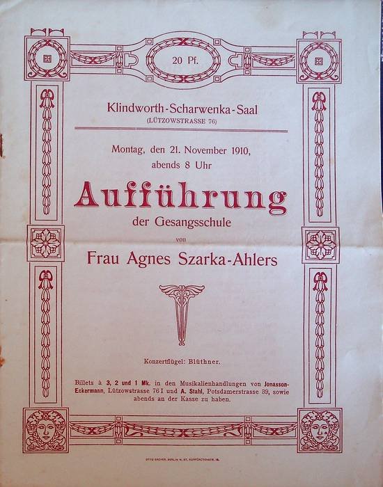 Klindworth-Scharwenka-Saal: Montag, den 21. November 1910, abends 8 Uhr, AuffÃ¼hrung …