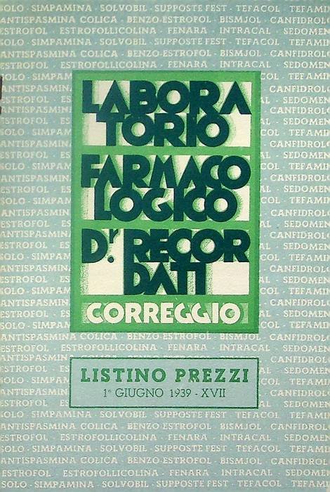Laboratorio farmacologico Dr. Recodati: Correggio: listin prezzi: 1Â° giugno 1939.