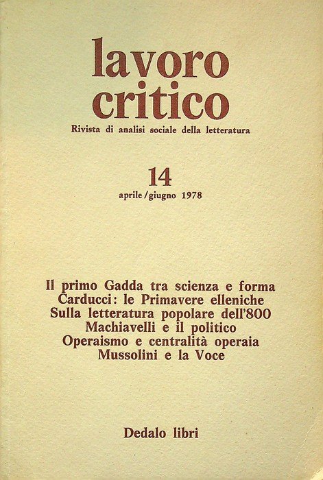 Lavoro Critico, Rivista Analisi Sociale Letteratura: N. 14 (aprile/giugno 1978). | Immagine principale