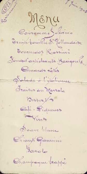 Menu Cova Restaurant, 7 juin 1905.