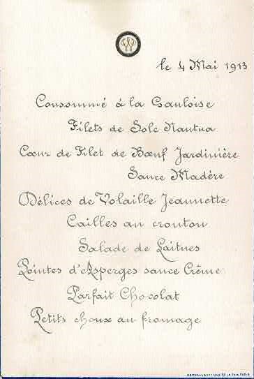 Menu le 4 mai 1913.