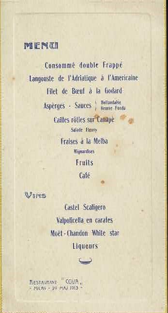 Menu Restaurant "Cova" - Milan - 29 maj 1913.