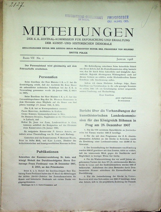 Mitteilungen der K.K. Zentral-Kommission fÃ¼r Denkmalpflege: Dritte Folge: Band VII …