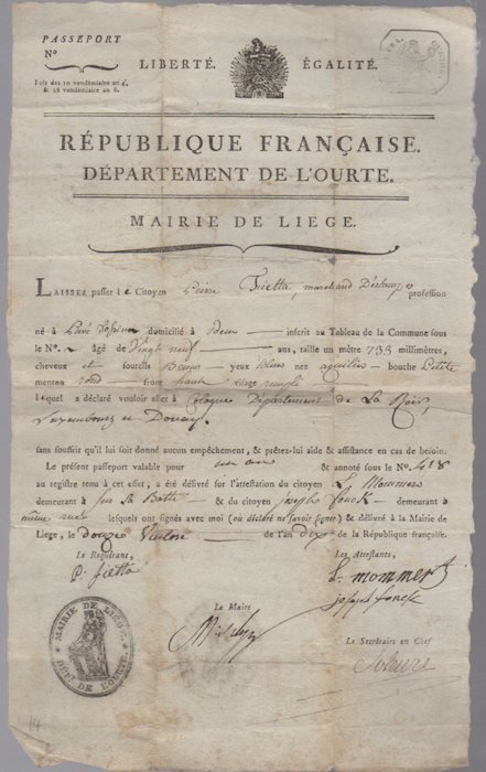 Passaporto del venditore di stampe tesino Pietro Fietta.