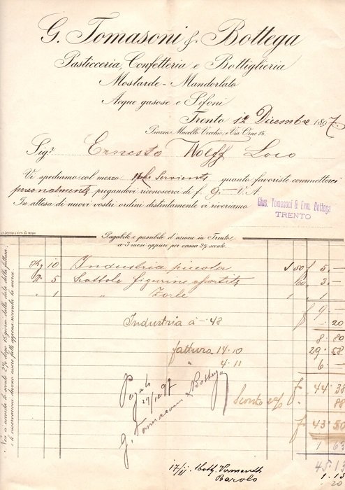 Pasticceria, Confetteria e bottiglieria G. Tomasoni & Bettega: Trento.