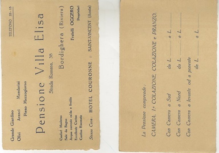 Pensione villa Elisa, Hotel Couronne, Aosta, Bordighera.