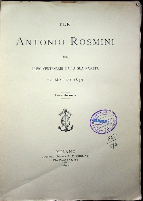Per Antonio Rosmini nel primo centenario dalla sua nascita, 24 … | Immagine principale