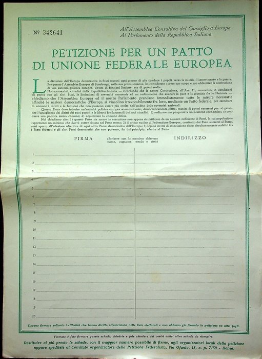 Petizione per un patto di unione federale europea.