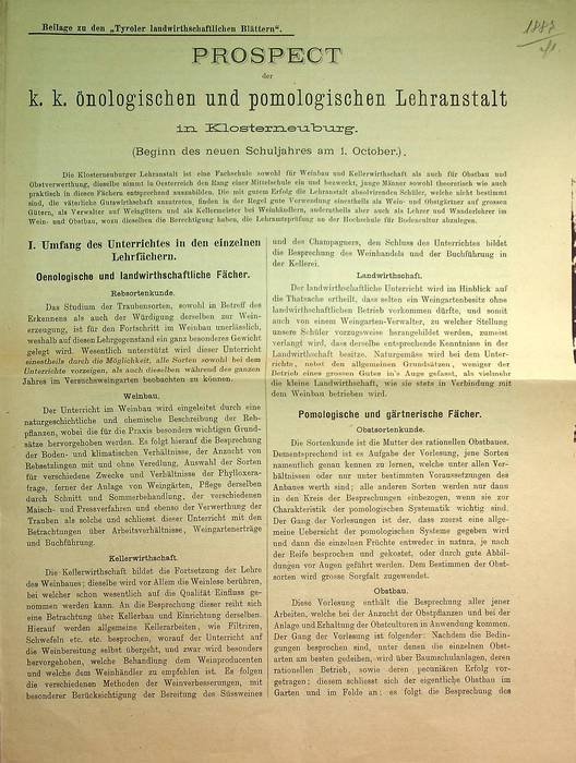 Prospect der k.k. önologischen und pomologischen Lehranstalt in Klosterneuburg.