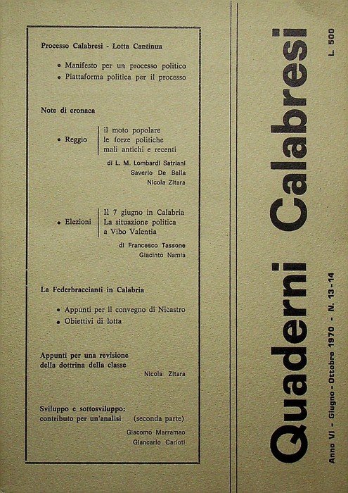 Quaderni calabresi: A. VI - Giugno-ottobre 1970 - N. 13-14. | Immagine principale