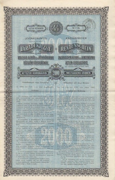 Rentschein ungarischen Agrar und Rentenbank Actien-Gesellschaft: 2000 koronarol: ketzer koronarol.