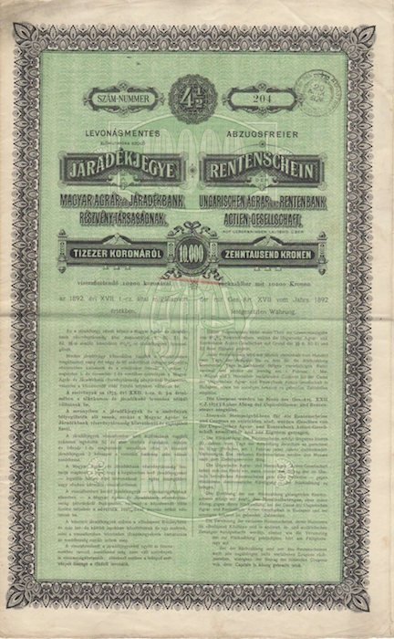 Rentschein ungarischen Agrar und Rentenbank Actien-Gesellschaft: 2000 koronarol: tizezer koronarol.