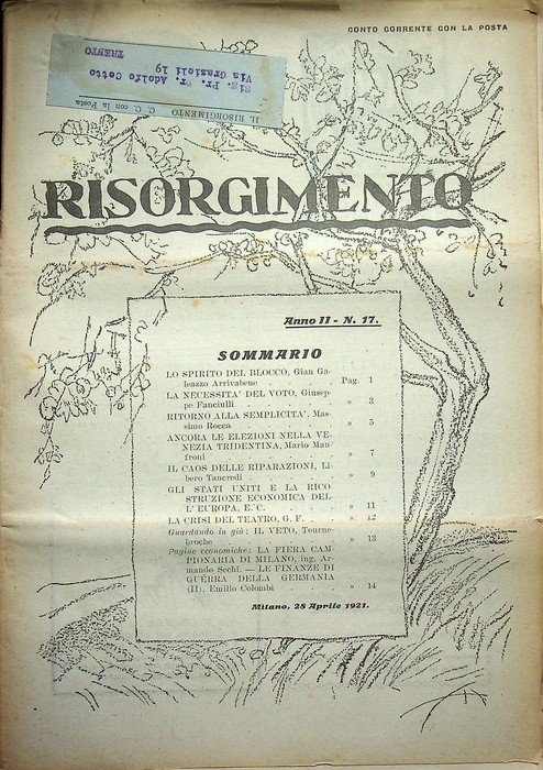 Risorgimento: rivista settimanale politica: A. II - N. 17: Milano, … | Immagine principale