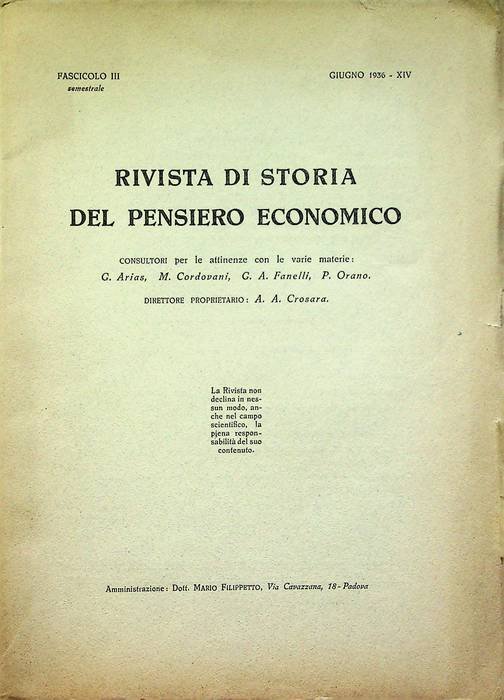 Rivista di storia del pensiero economico: Fasc. III (giugno 1936 …