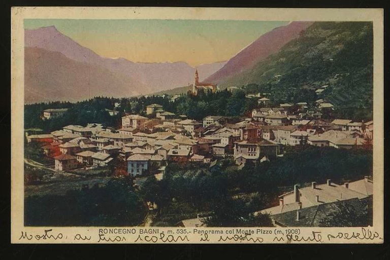 Roncegno Bagni m.535. Panorama col Monte Pizzo (m. 1908).