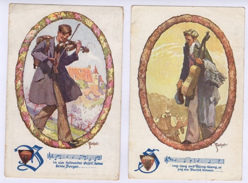 Serie di 2 cartoline illustrate: Violinisti.