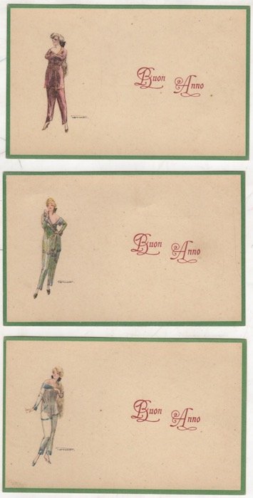 Serie di 3 cartoline illustrate a soggetto femminile.