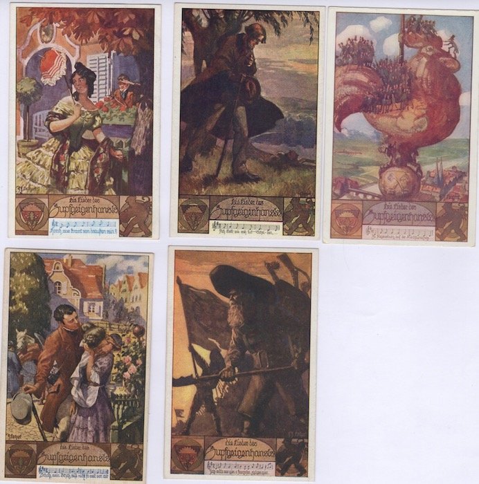 Serie di 5 cartoline illustrate: Zupfgeigenhansls.