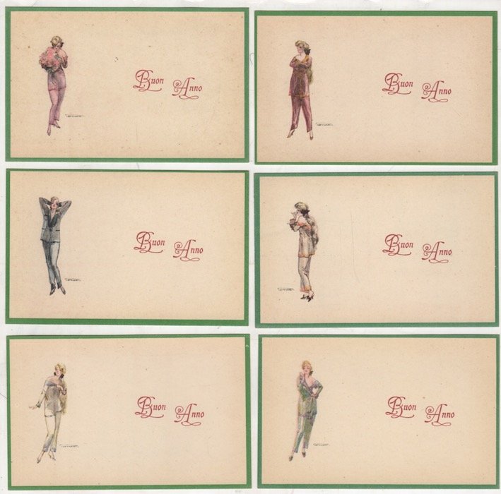 Serie di 6 cartoline illustrate a soggetto femminile.