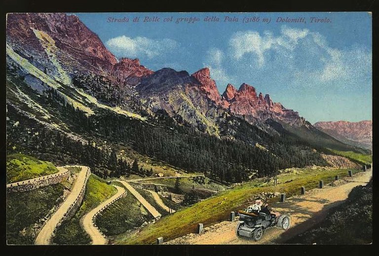 Strada di Rolle col gruppo della Pala (3186m.) Dolomiti, Tirolo.